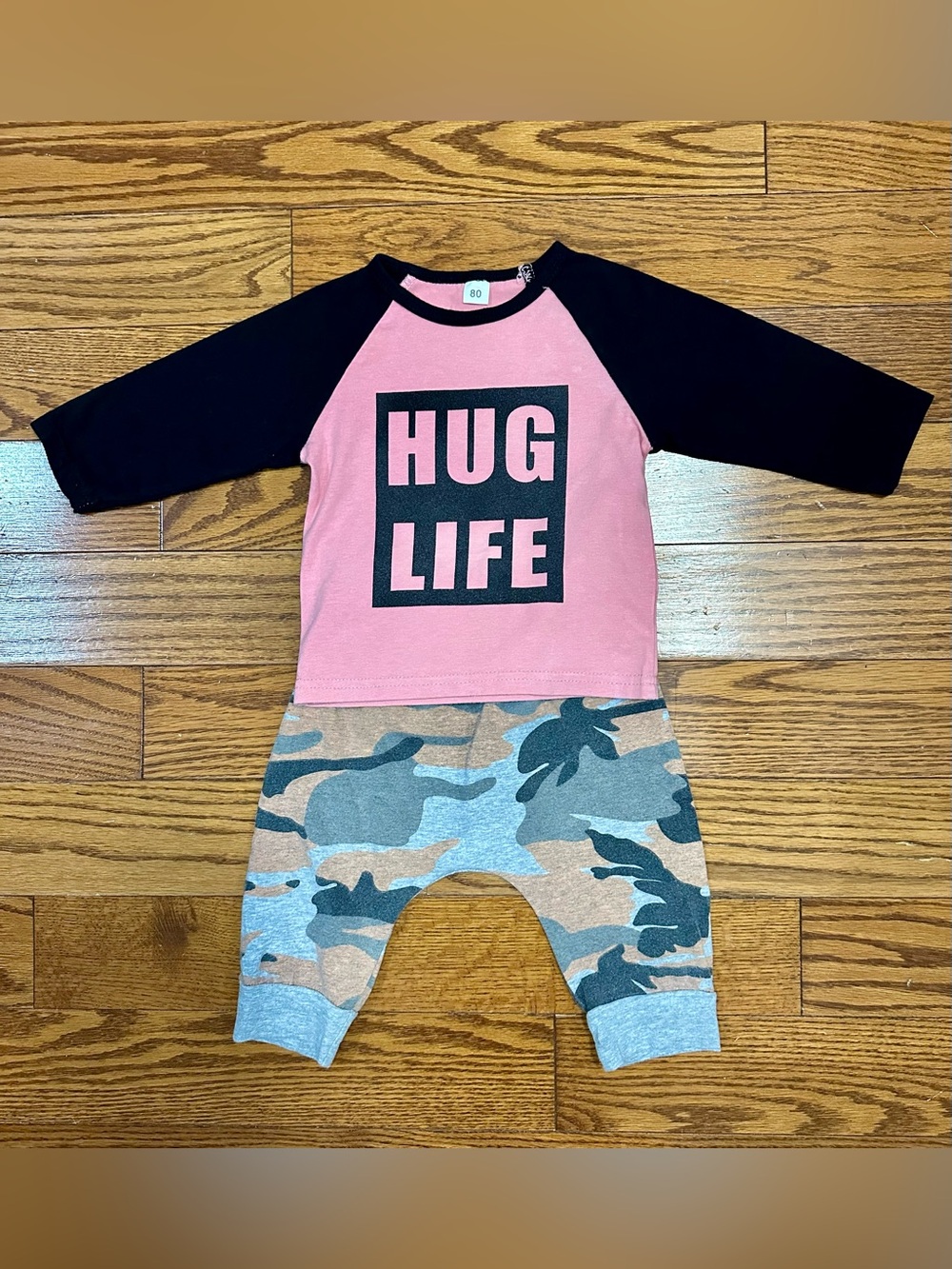 Pink & Black 'HUG LIFE' Raglan Top with Camo Pants